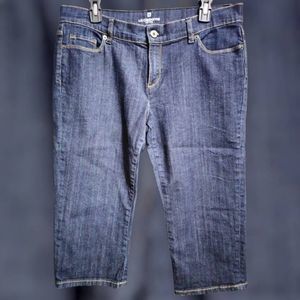 Liz Claiborne Womens Capri Jeans 12 Petite Blue Denim City Fit Crop Zips Pockets